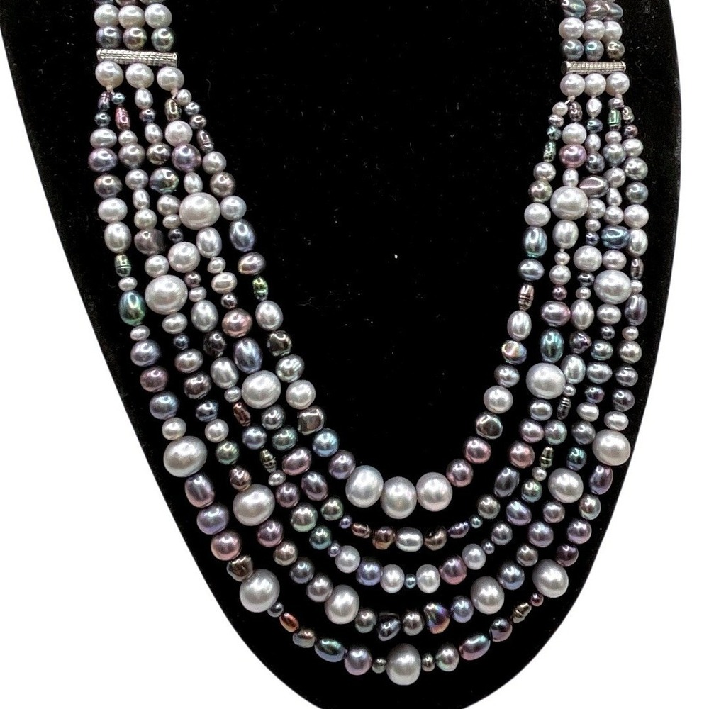 LUC Multi Strand Freshwater Pearl Necklace Peacock Gray Sterling Clasp 18-21"